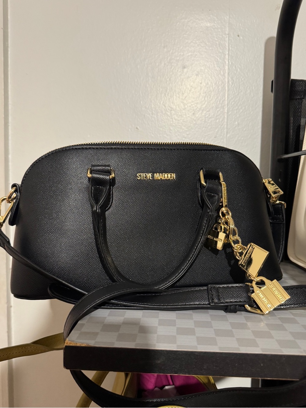Steve Madden Black Wide Dome Satchel Gold Charms